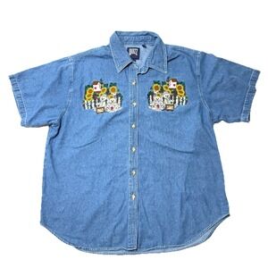 Quizz Shirt‎ 20 Blue Denim Short Sleeve Embroidered Casual Bears Daisy Teachers